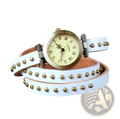 Vintage leather studded wrap watch bracelet featuring a white leather wrap with gold-tone studs and a vintage round face
