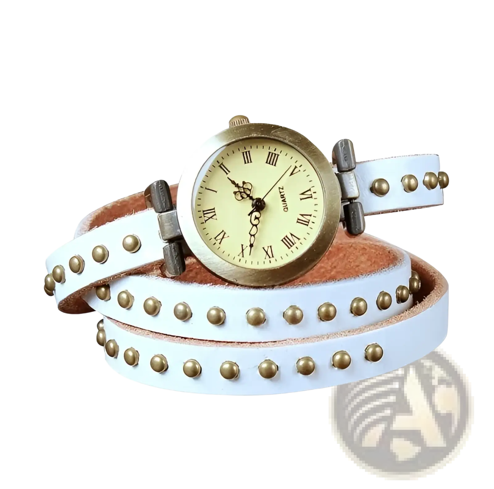 Vintage leather studded wrap watch bracelet featuring a white leather wrap with gold-tone studs and a vintage round face