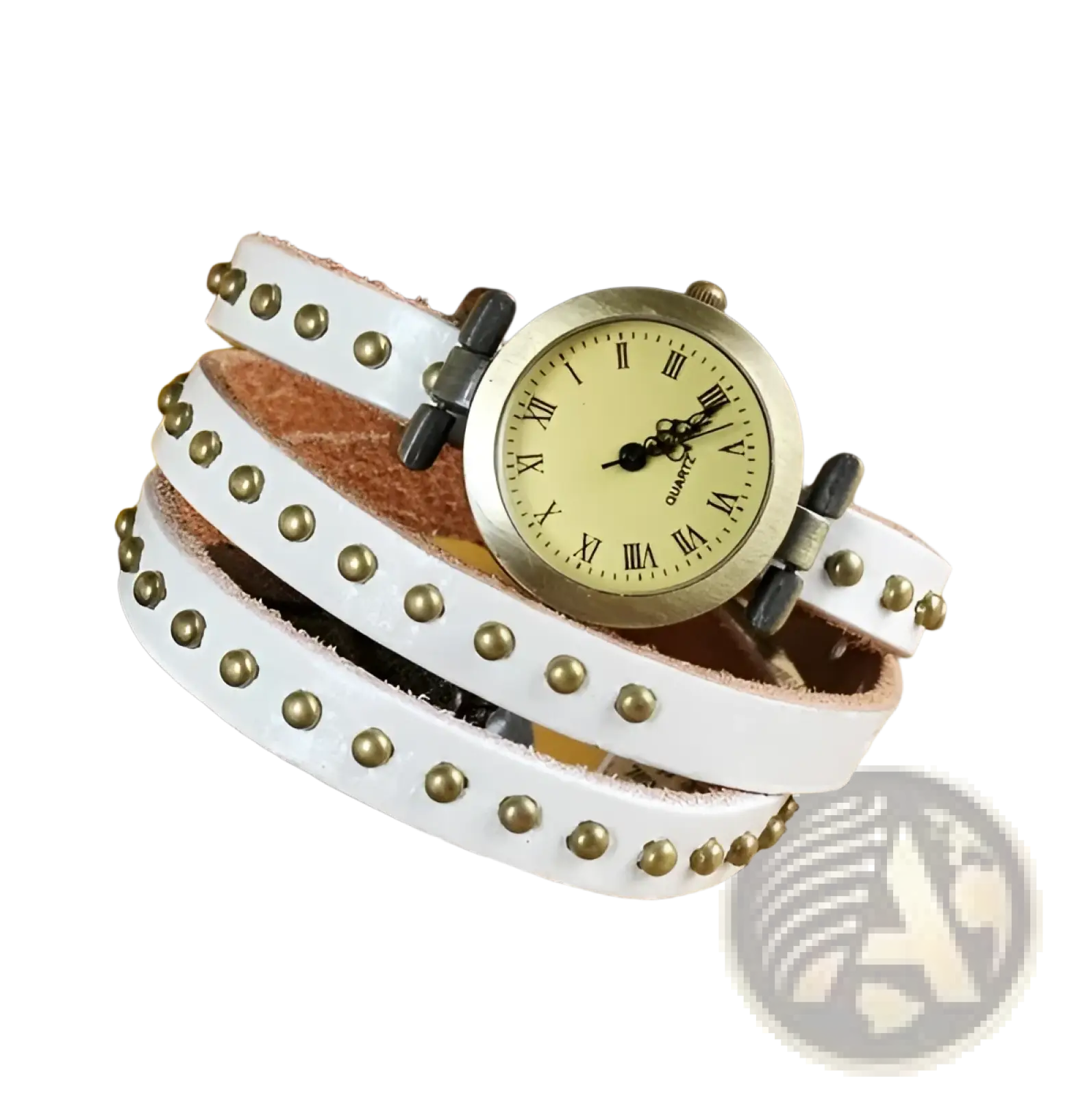 Vintage leather studded wrap watch bracelet with white leather band gold-tone studs and brass face with roman numerals