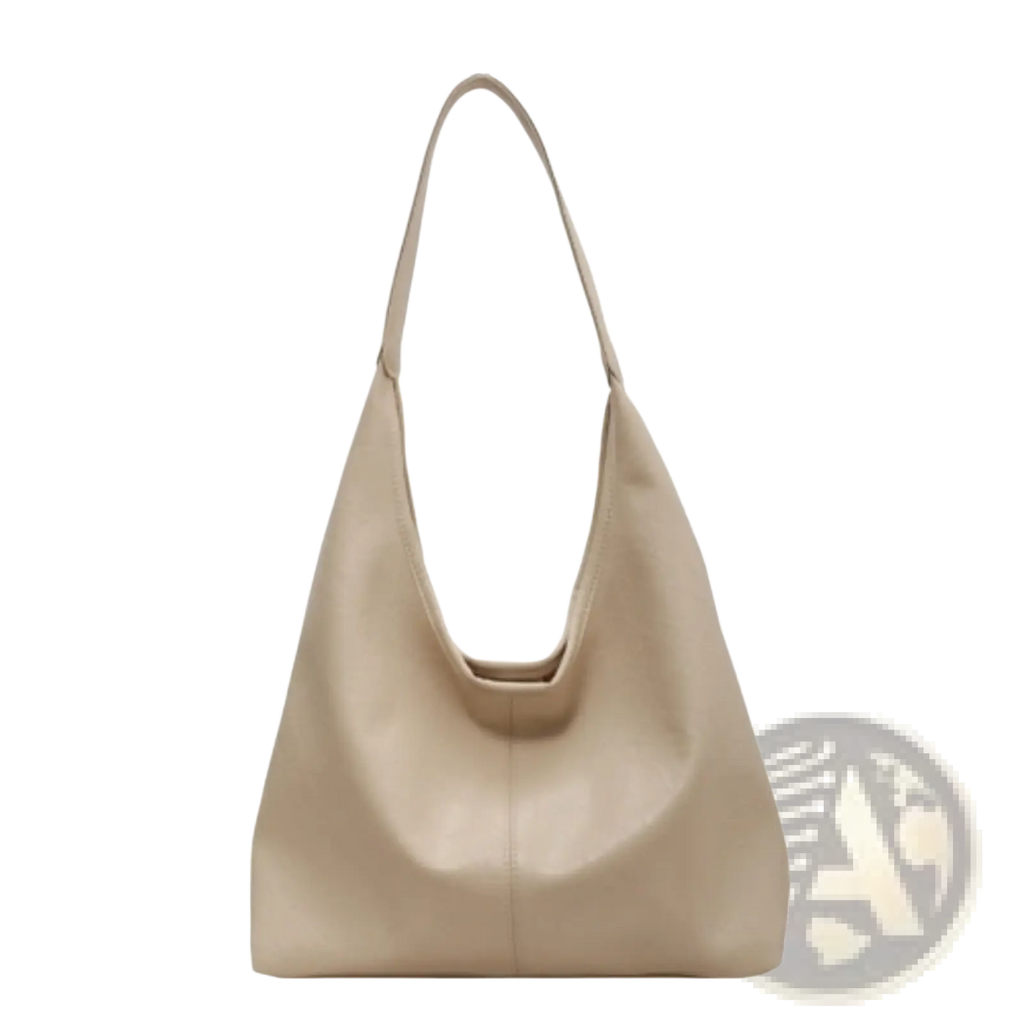 Beige leather vintage tote bag with large capacity single shoulder strap and minimalist hobo design