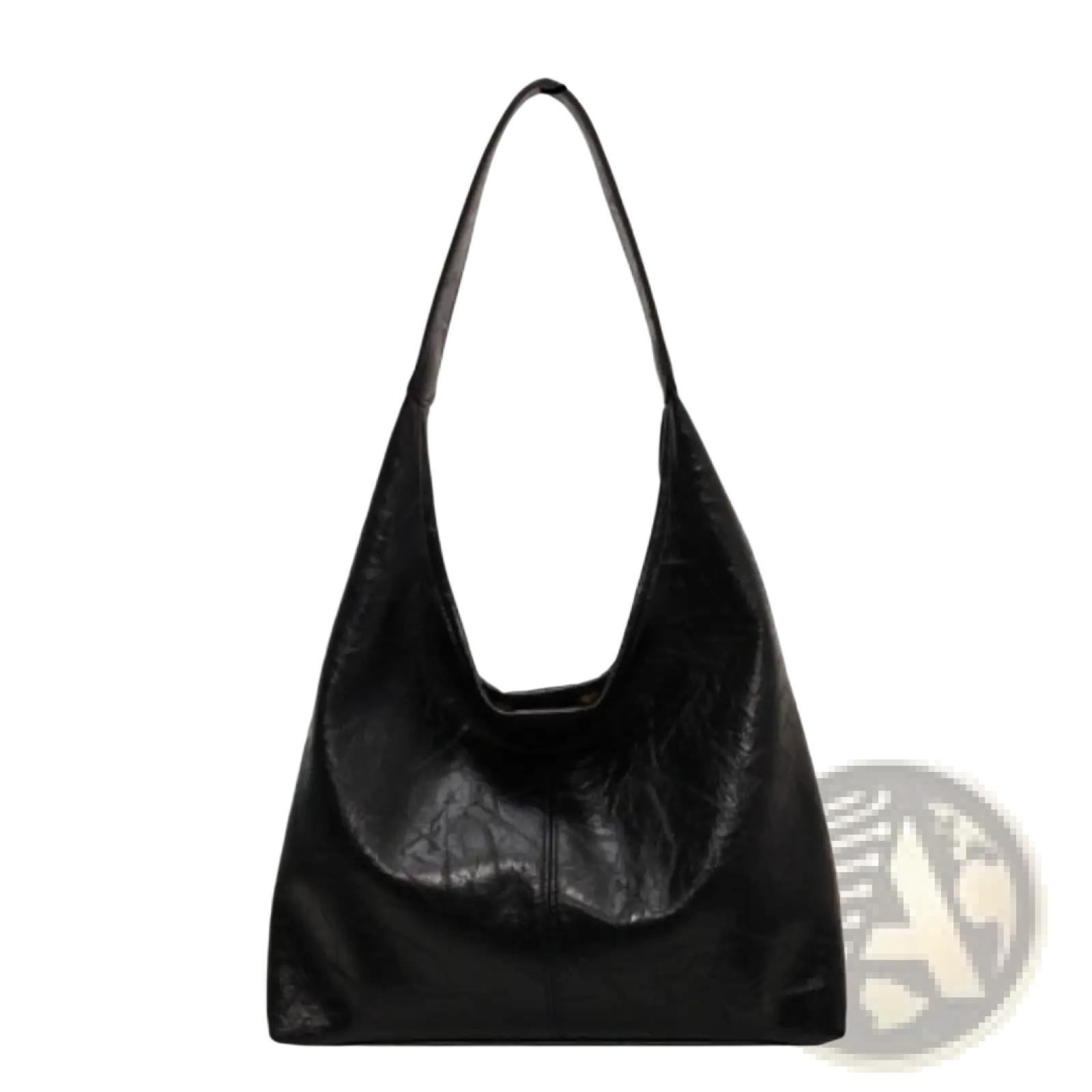 Black leather vintage tote bag with smooth glossy finish large capacity and single shoulder strap for daily use