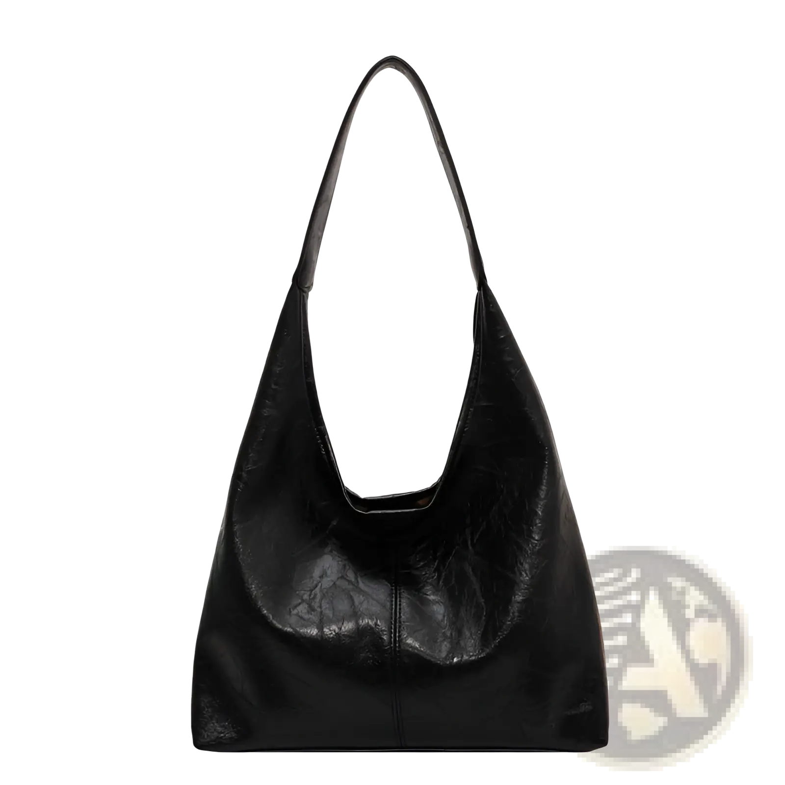 Black leather vintage leather tote bag with soft crinkled texture and single shoulder strap for large capacity use