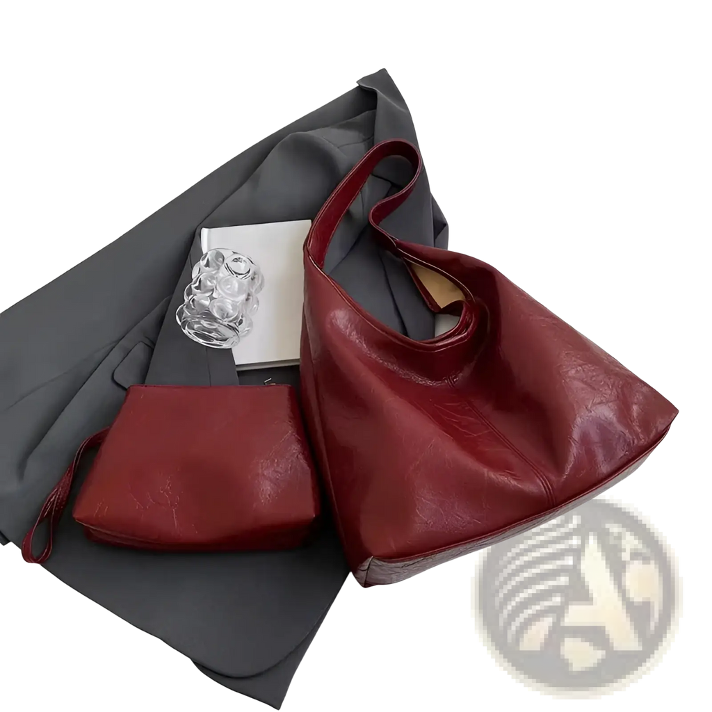 Vintage leather tote bag large capacity shoulder handbag in glossy burgundy leather with soft slouchy silhouette