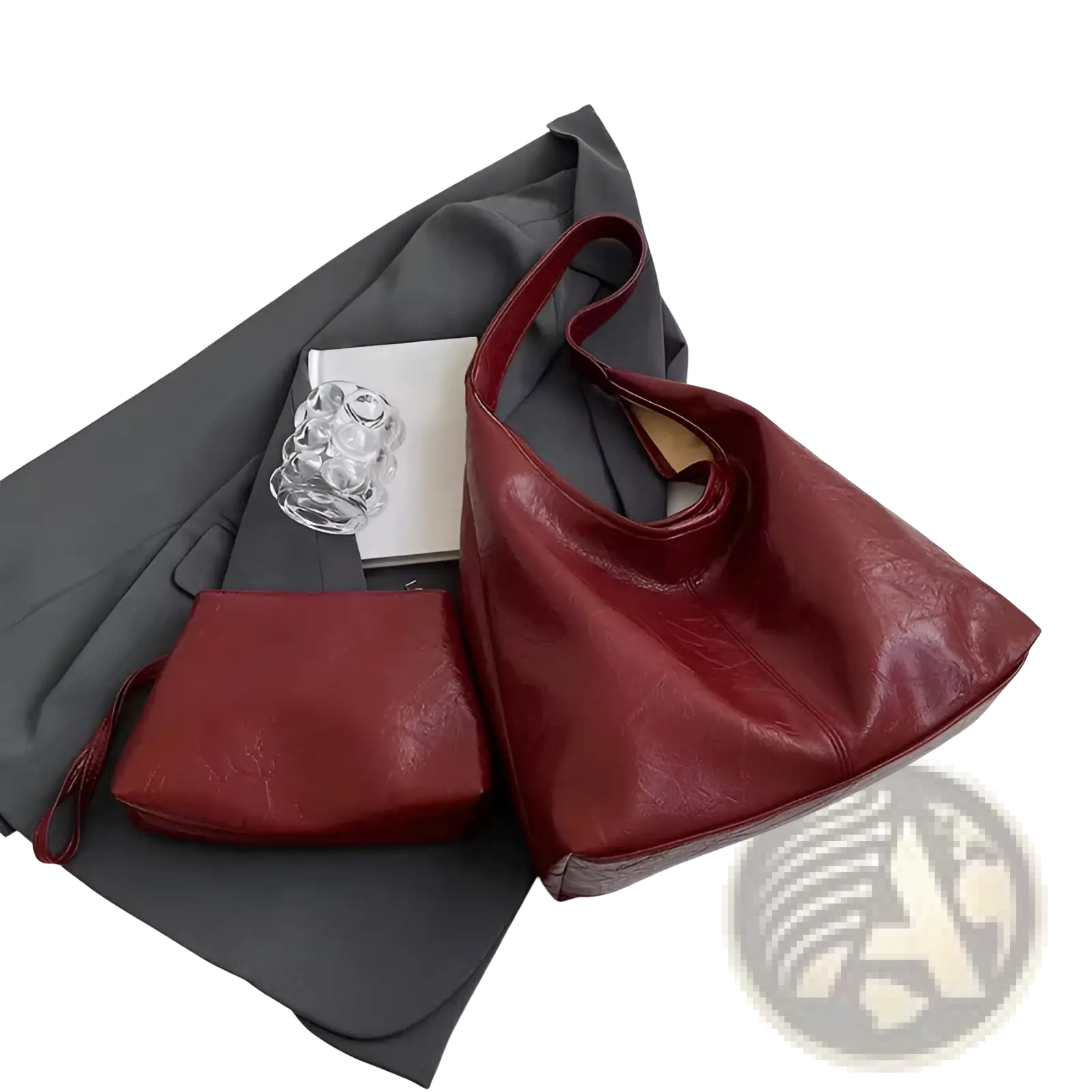 Vintage leather tote bag large capacity shoulder handbag in glossy burgundy leather with soft slouchy silhouette