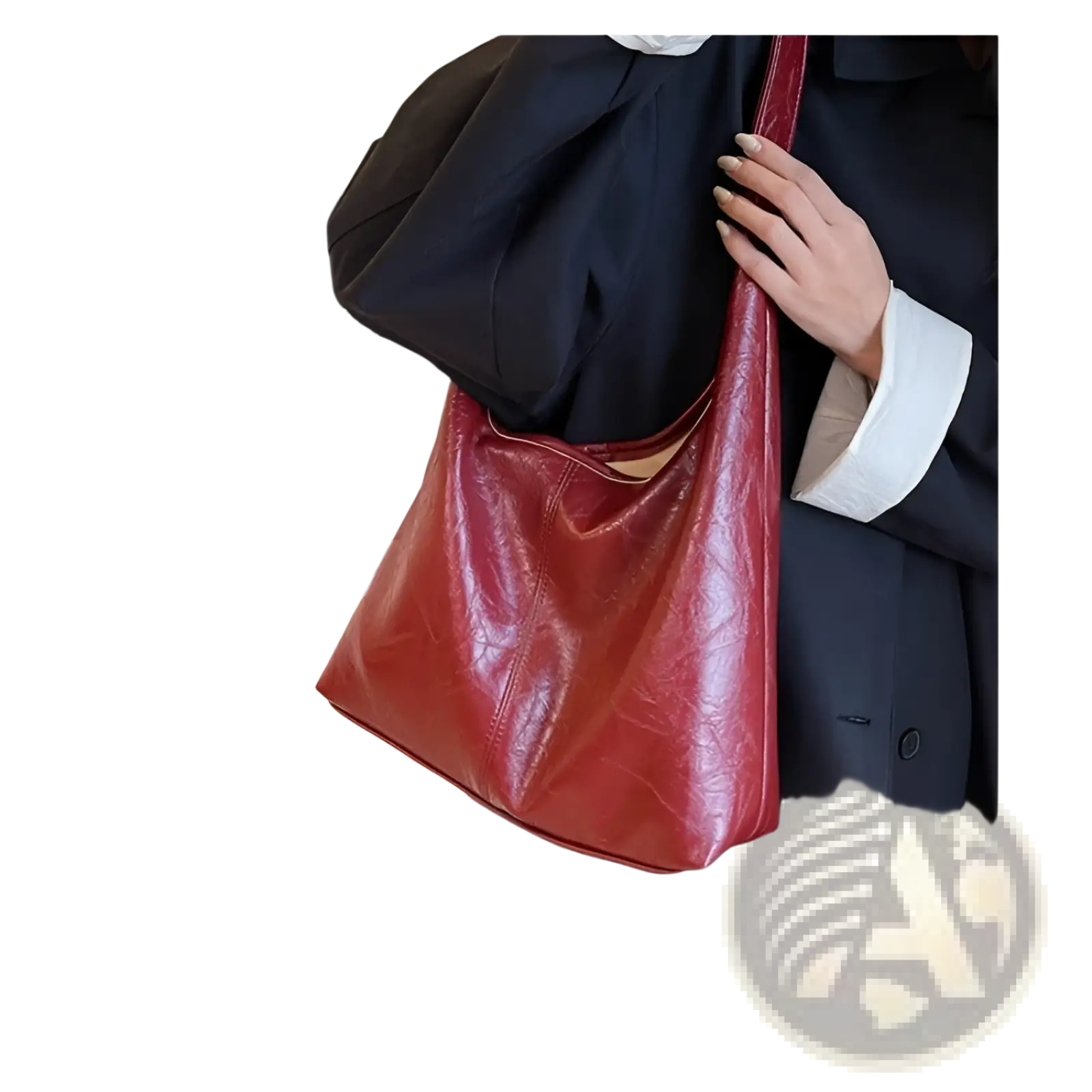 A glossy red leather vintage tote bag with large capacity and slouchy minimalist design for shoulder use