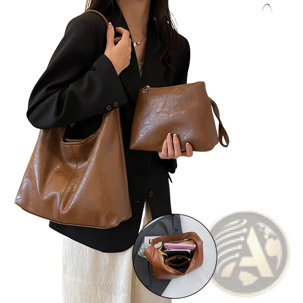 Vintage leather tote bag large capacity shoulder handbag in brown textured faux leather with single strap and zipper closure