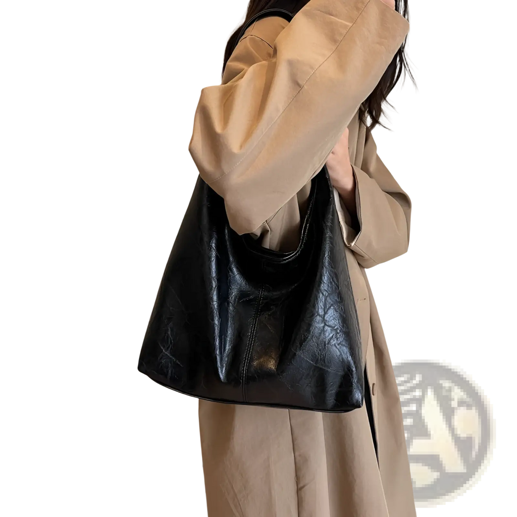 Black textured faux leather vintage leather tote bag with glossy finish embossed pattern large capacity shoulder handbag