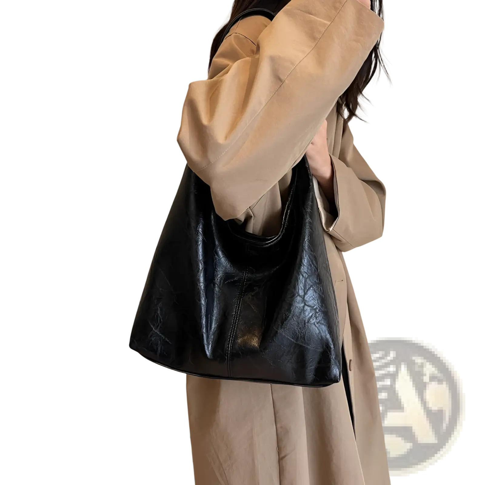 Black textured faux leather vintage leather tote bag with glossy finish embossed pattern large capacity shoulder handbag