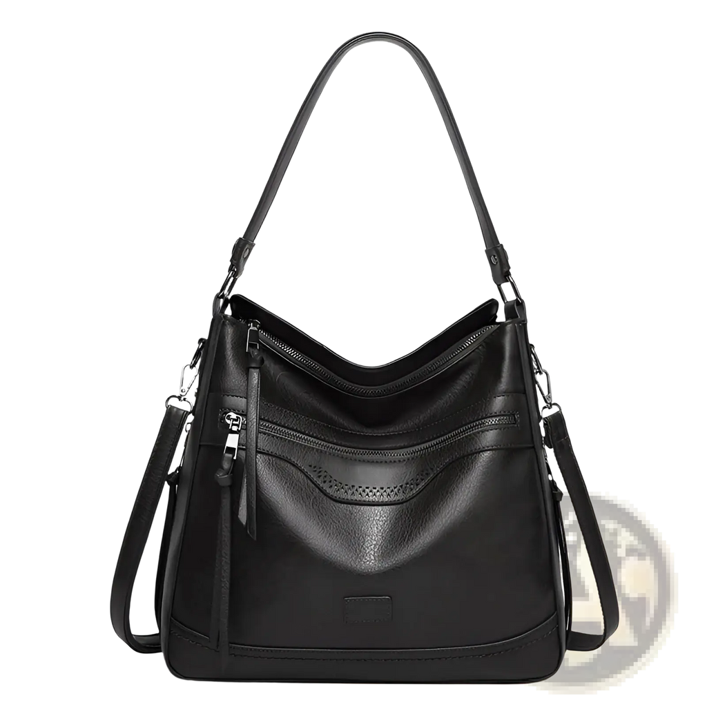 Black leather vintage tote bag with a sleek structured design and multiple zippers for secure storage