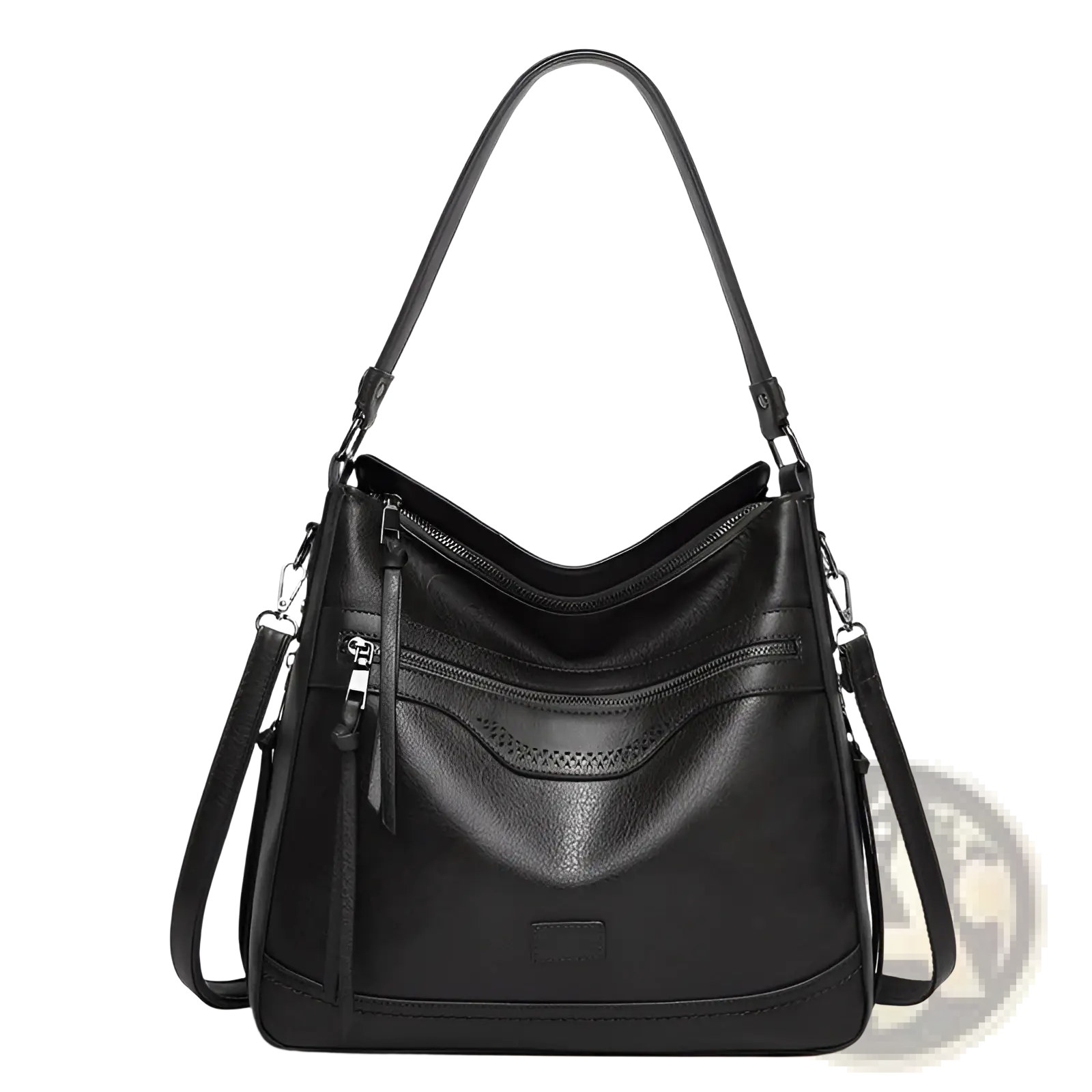 Black leather vintage tote bag with a sleek structured design and multiple zippers for secure storage