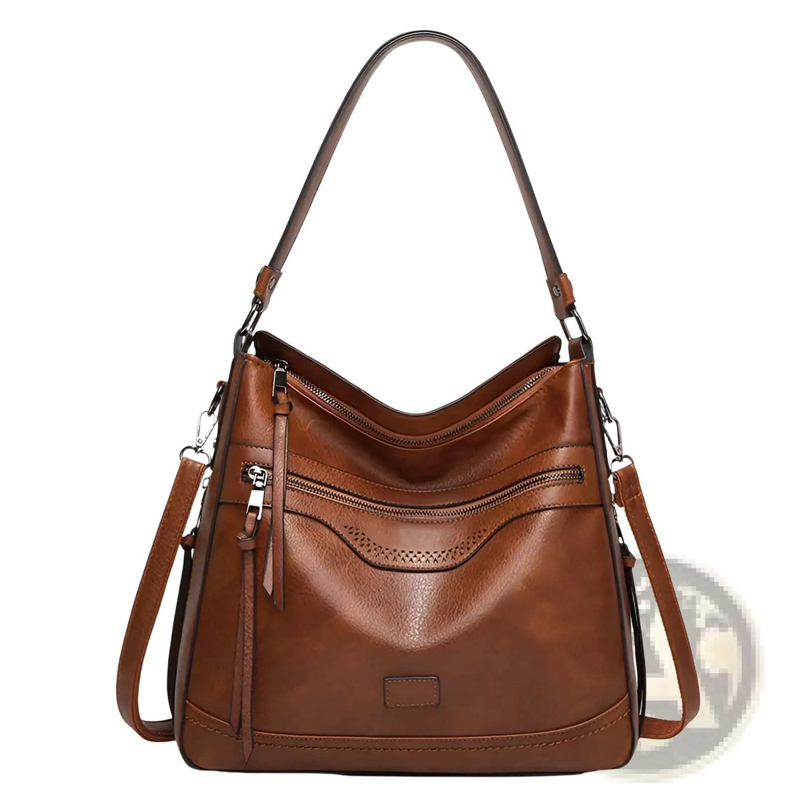 Vintage leather tote bag brown leather shoulder purse with curved handle adjustable strap multiple zipper pockets