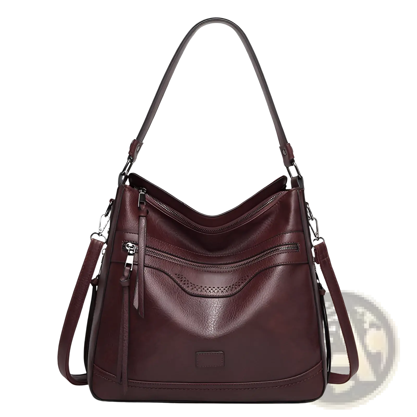 Vintage leather tote bag burgundy shoulder purse with structured soft silhouette multiple zippers and embossed detailing