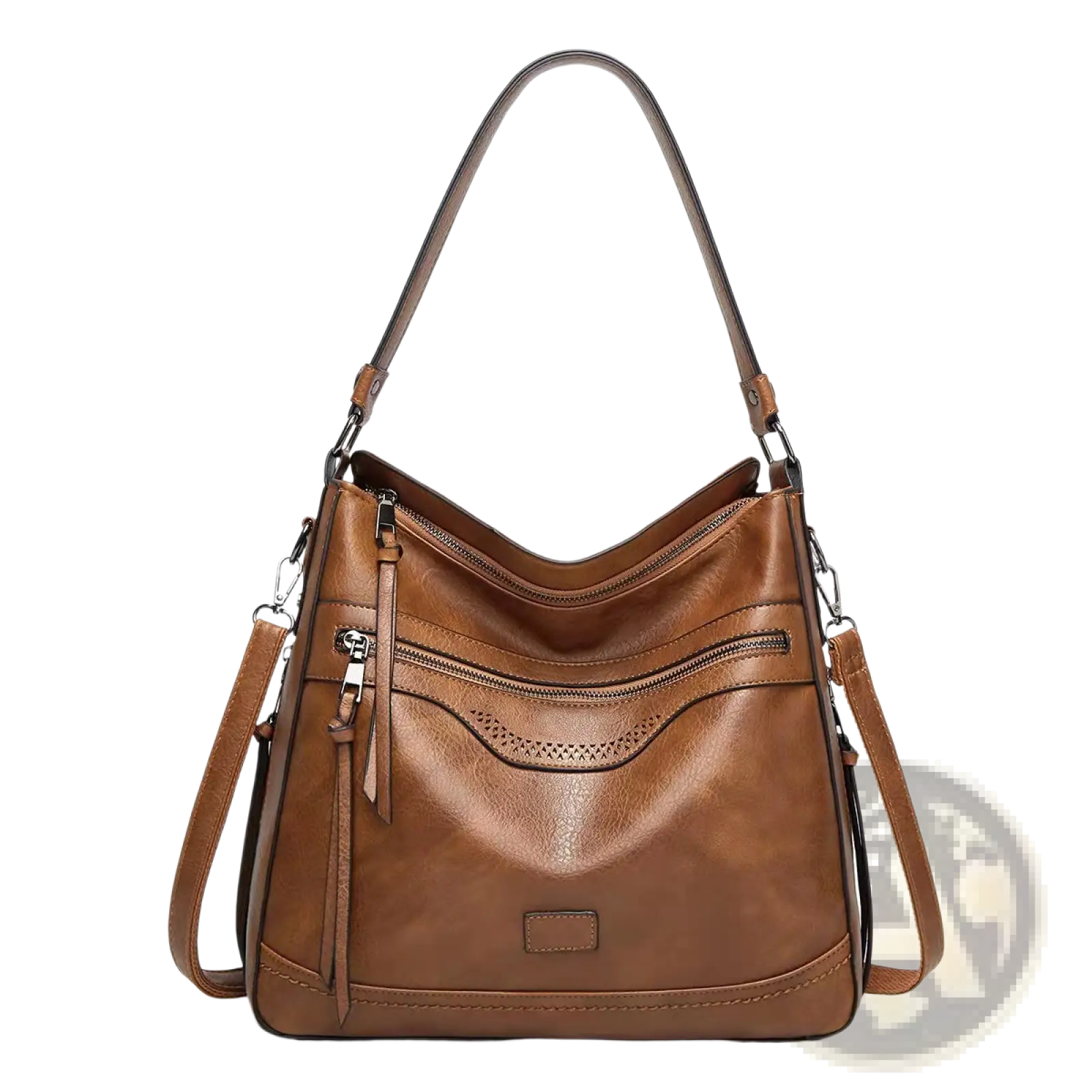 Brown vintage leather tote bag with multiple zippered pockets, perforated stitching, single handle, and detachable strap