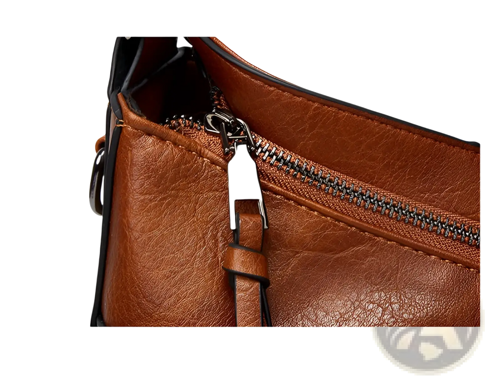 Brown leather vintage tote bag with smooth zipper closure and black trim multi pocket shoulder purse