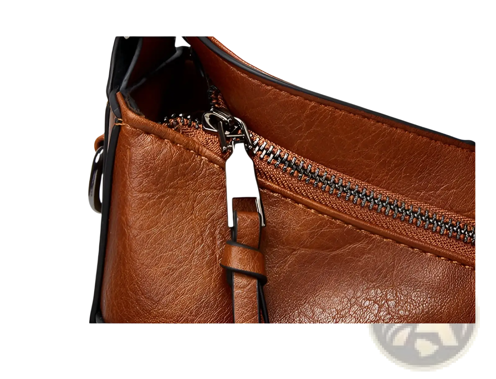 Brown leather vintage tote bag with smooth zipper closure and black trim multi pocket shoulder purse