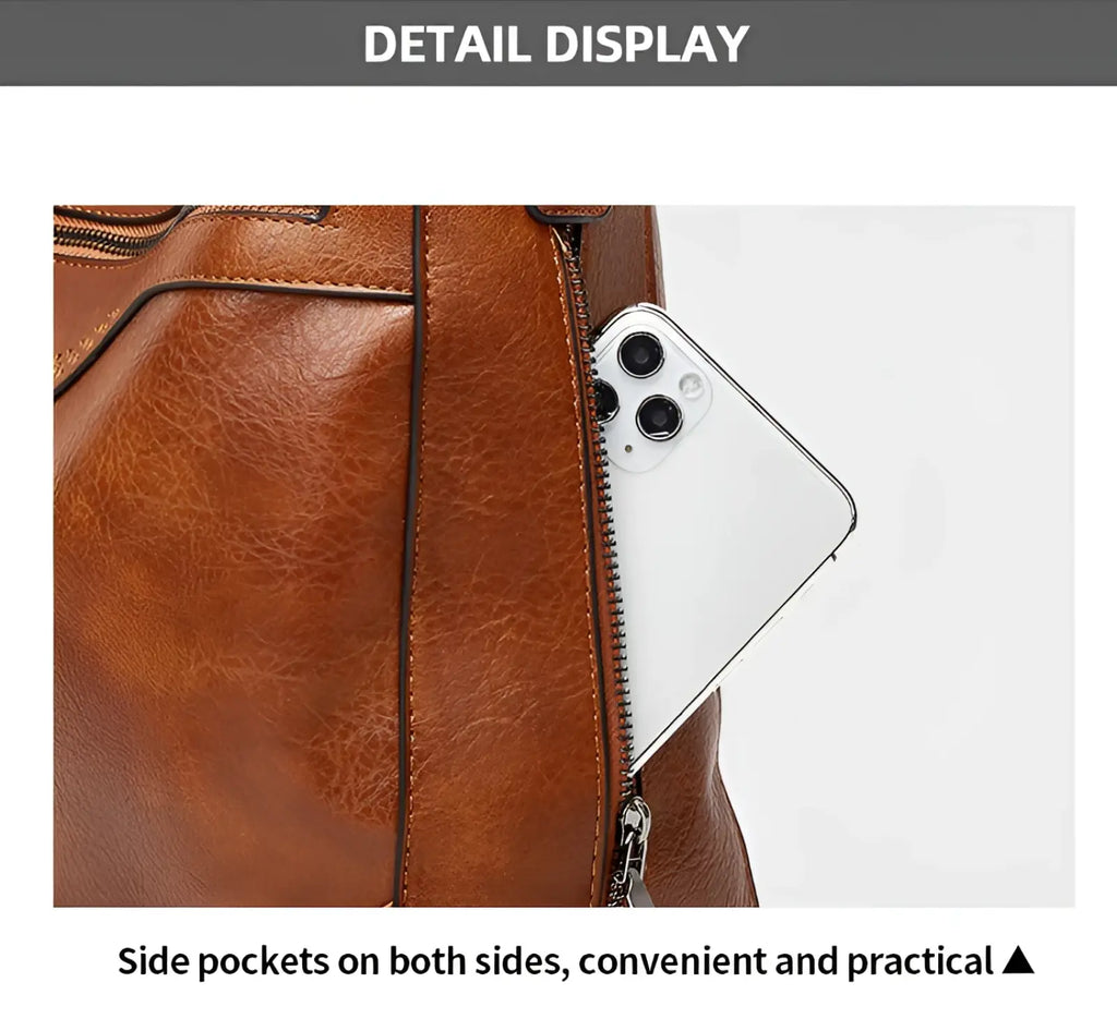 Brown leather vintage tote bag multi pocket shoulder purse featuring a side pocket holding a white smartphone