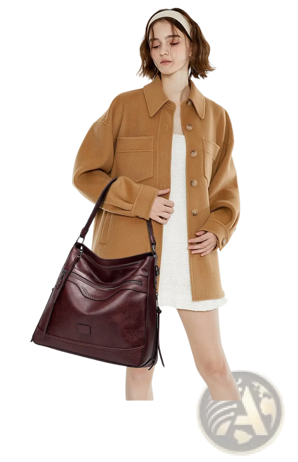 A rich burgundy vintage leather tote bag with a structured design, top handle, and multiple shoulder pockets