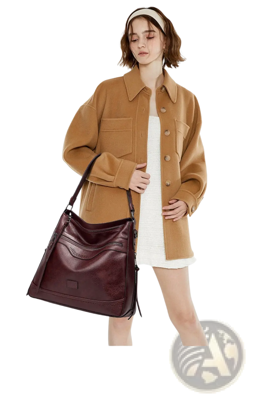 A rich burgundy vintage leather tote bag with a structured design, top handle, and multiple shoulder pockets