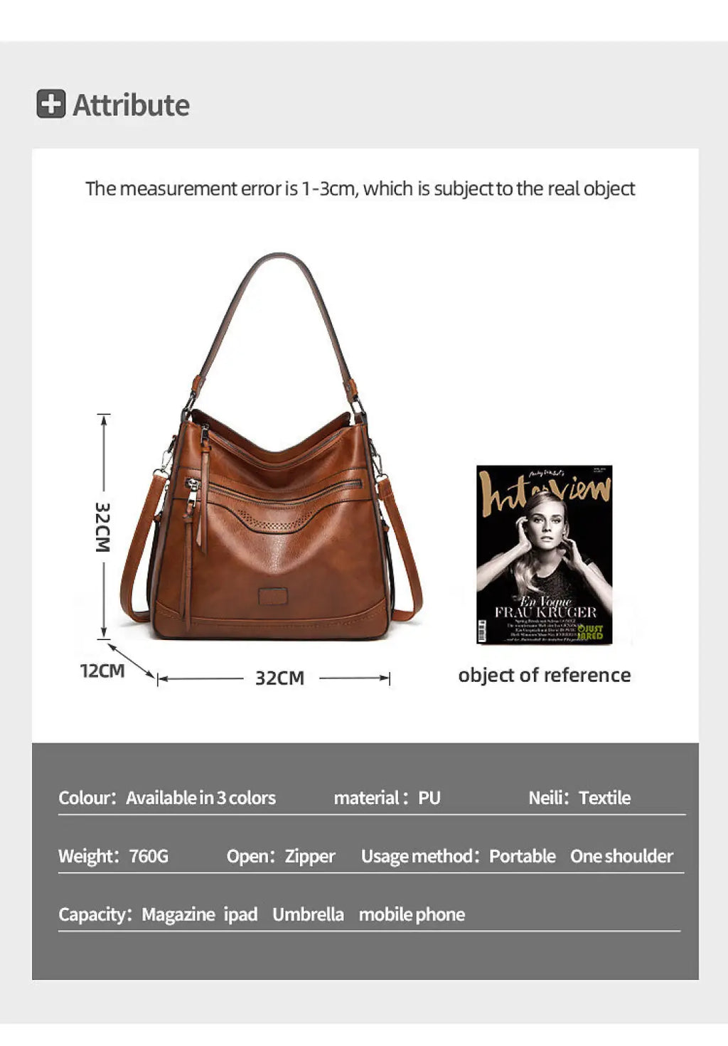 Brown pu leather vintage tote bag with textured surface and zipper closure featuring multiple pockets for organization