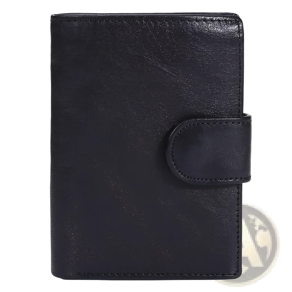 Black vintage leather wallet with minimalist design and visible stitching in slim cowhide bifold coin purse style