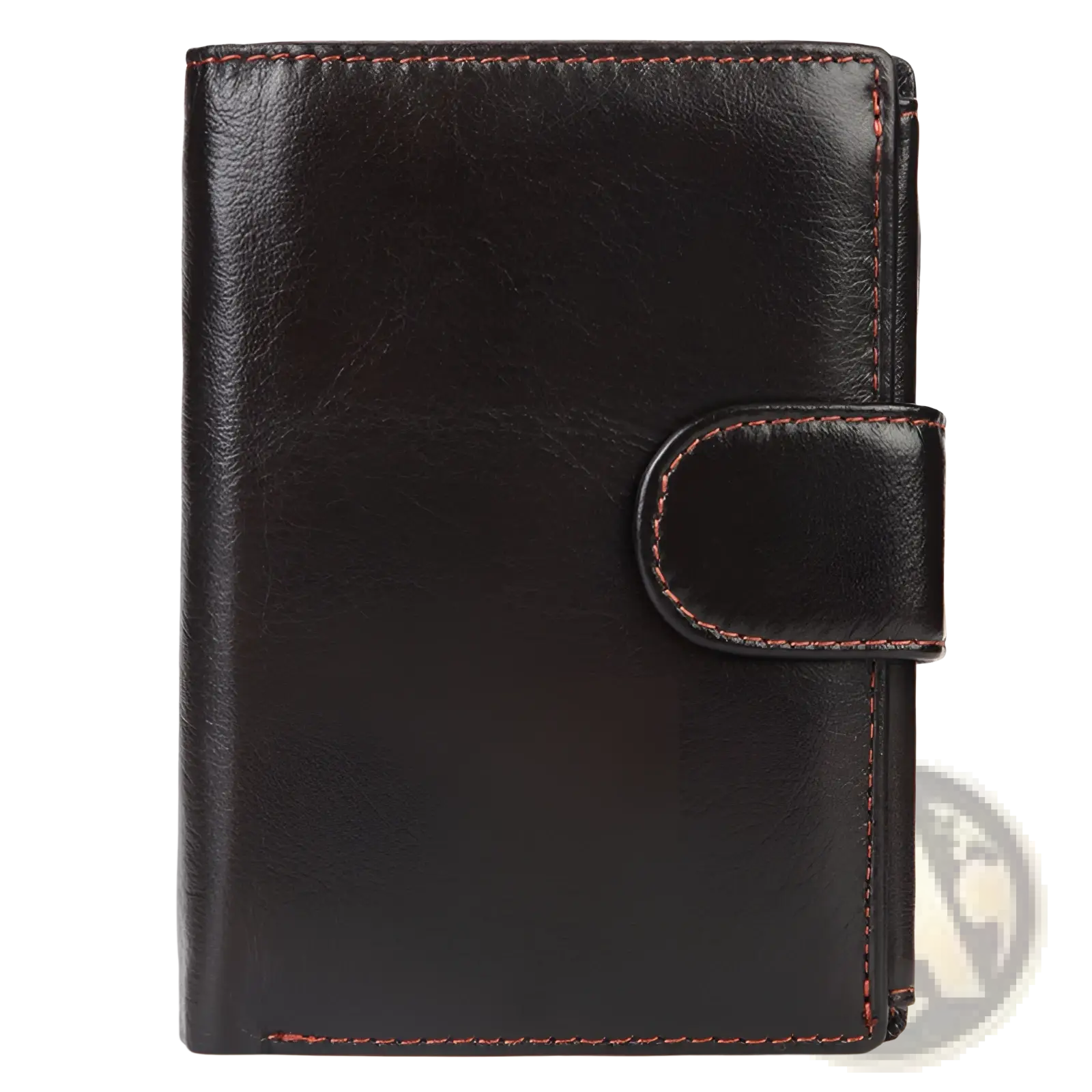 Vintage leather wallet slim cowhide bifold coin purse in black with red stitching and flap closure