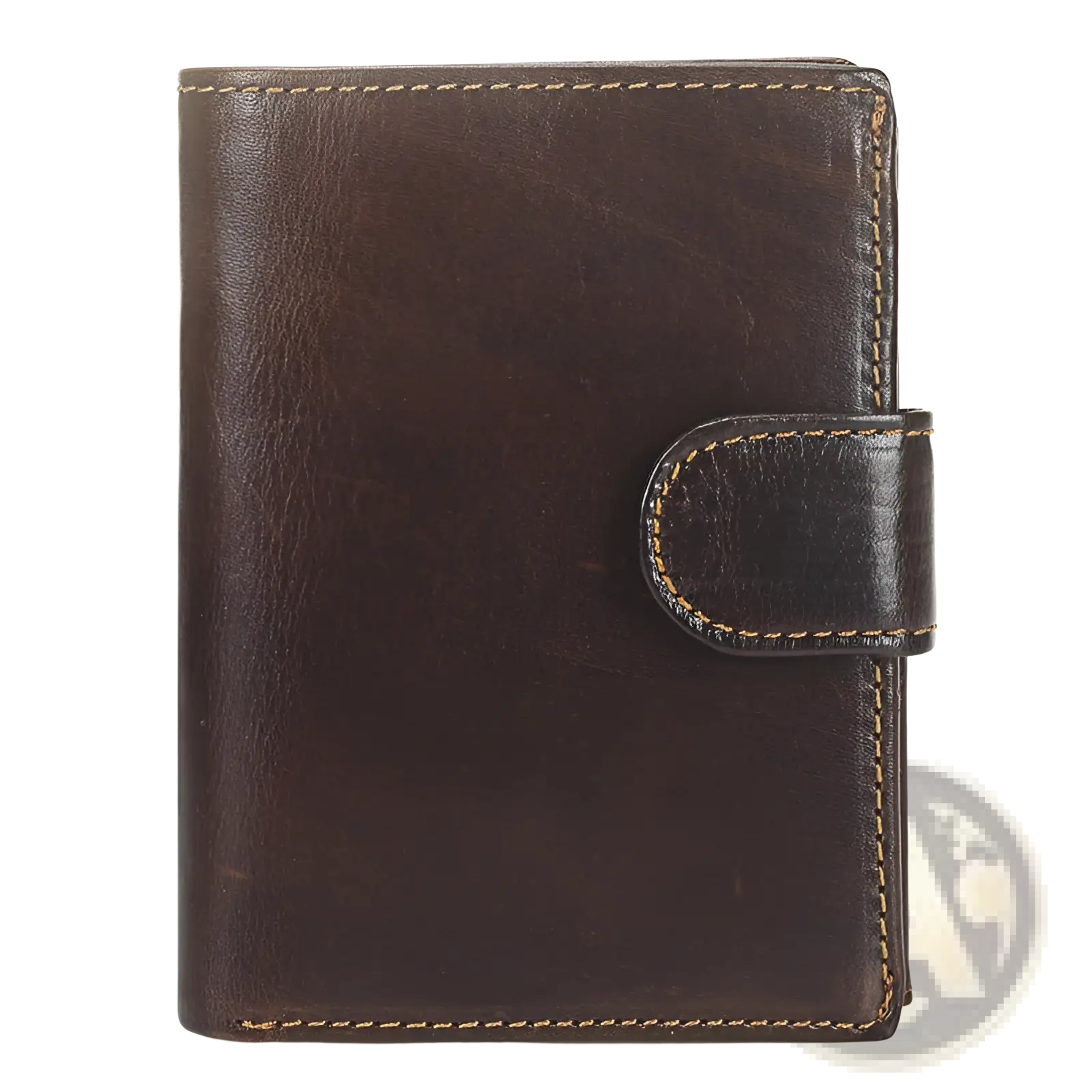 Dark brown slim vintage leather wallet with tan stitching and matching flap closure crafted from cowhide