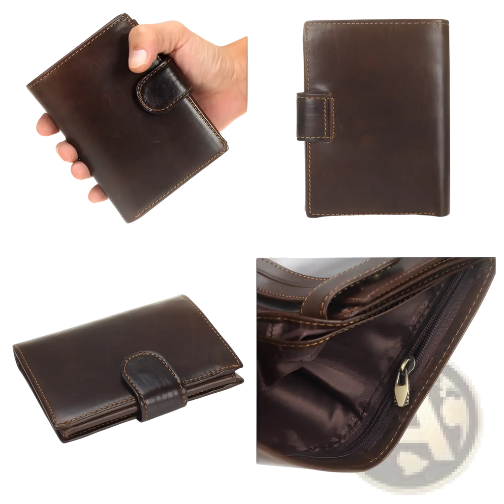 Brown leather vintage slim bifold cowhide wallet with visible stitching and a flap closure for coins and cards