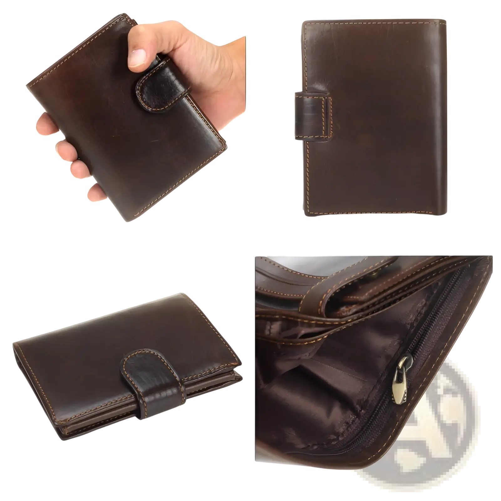 Brown leather vintage slim bifold cowhide wallet with visible stitching and a flap closure for coins and cards