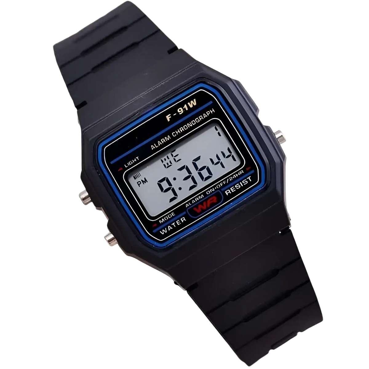 Black vintage led digital unisex watch f-91w model with blue trim and metal link band featuring a rectangular face