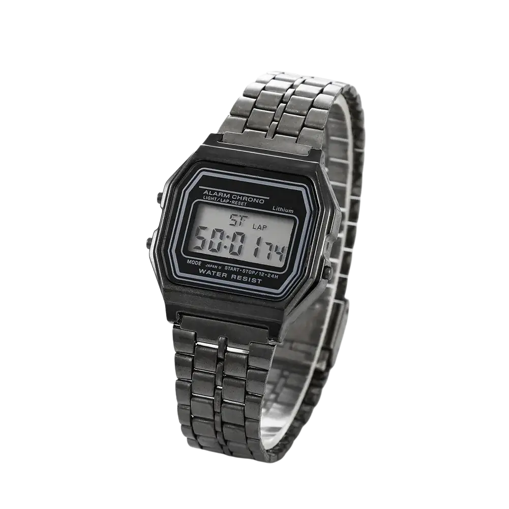 Vintage LED digital unisex watch with black rectangular face and metallic link band displaying time in white digits