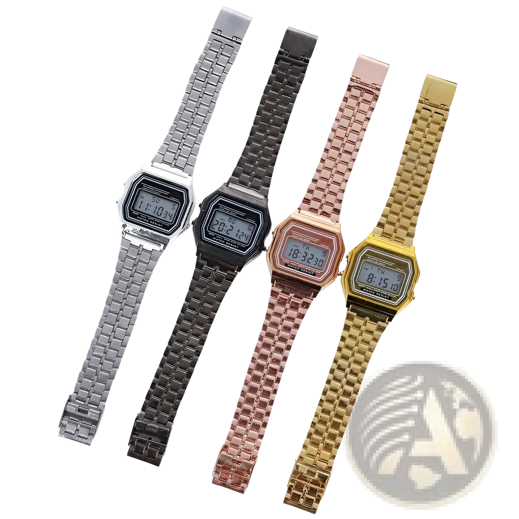 Vintage led digital unisex watches with metal link bracelets in silver black rose gold and yellow gold finishes