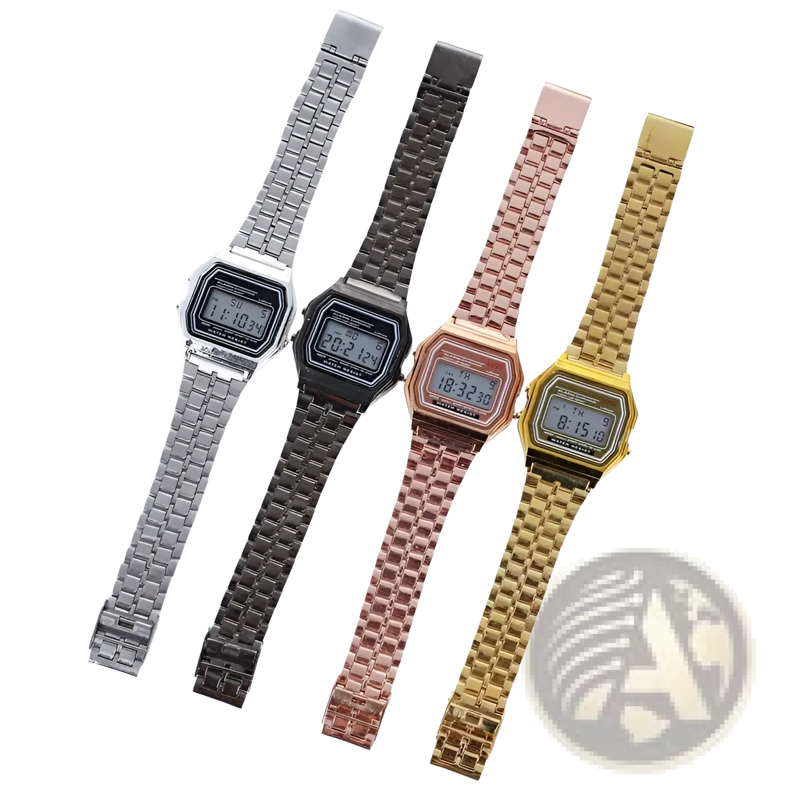 Vintage led digital unisex watches with metal link bracelets in silver black rose gold and yellow gold finishes