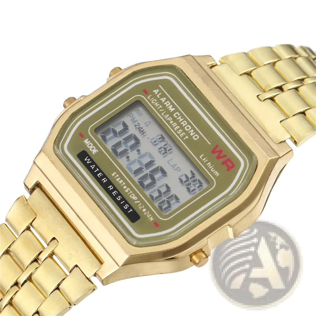 Vintage unisex gold-tone led digital watch with rectangular case metal link band and olive-green display panel