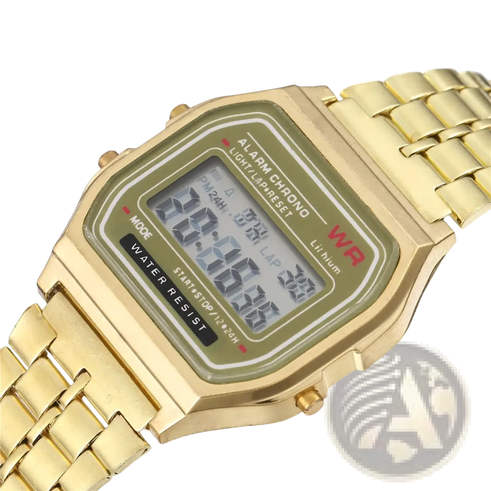 Vintage unisex gold-tone led digital watch with rectangular case metal link band and olive-green display panel