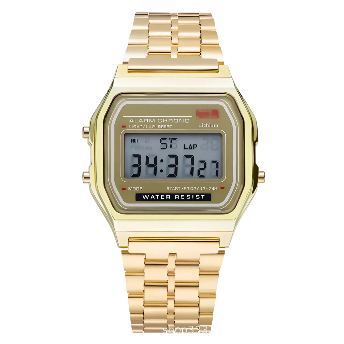 Vintage led digital unisex gold-tone watch with rectangular case metal link band and gray lcd screen stopwatch functions