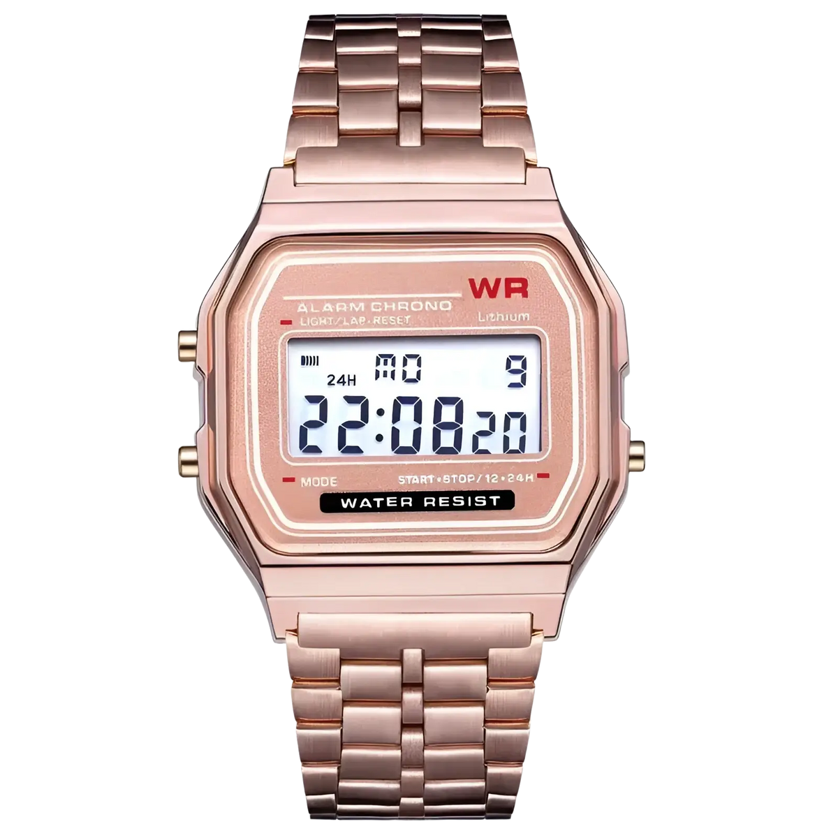 Vintage led digital unisex watch in rose gold with rectangular case metal link band and white 24 hour display screen