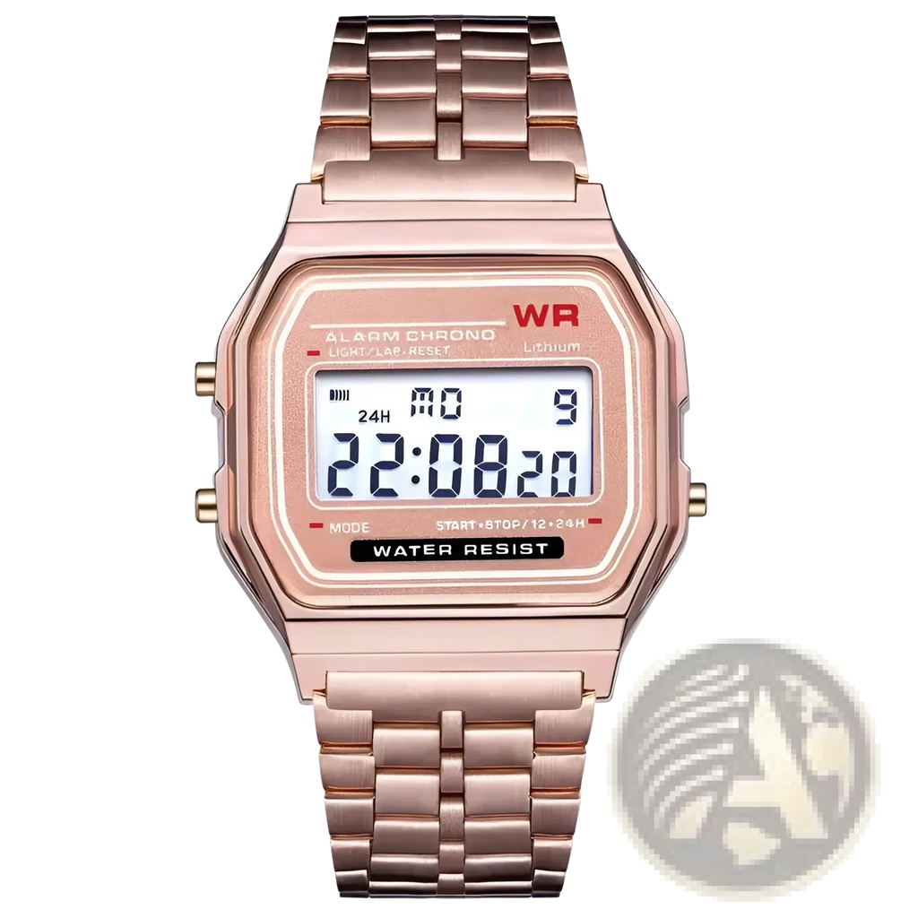 Vintage led digital unisex watch in rose gold with rectangular case metal link band and white 24 hour display screen