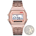 Vintage led digital unisex watch in rose gold with rectangular case metal link band and white 24 hour display screen