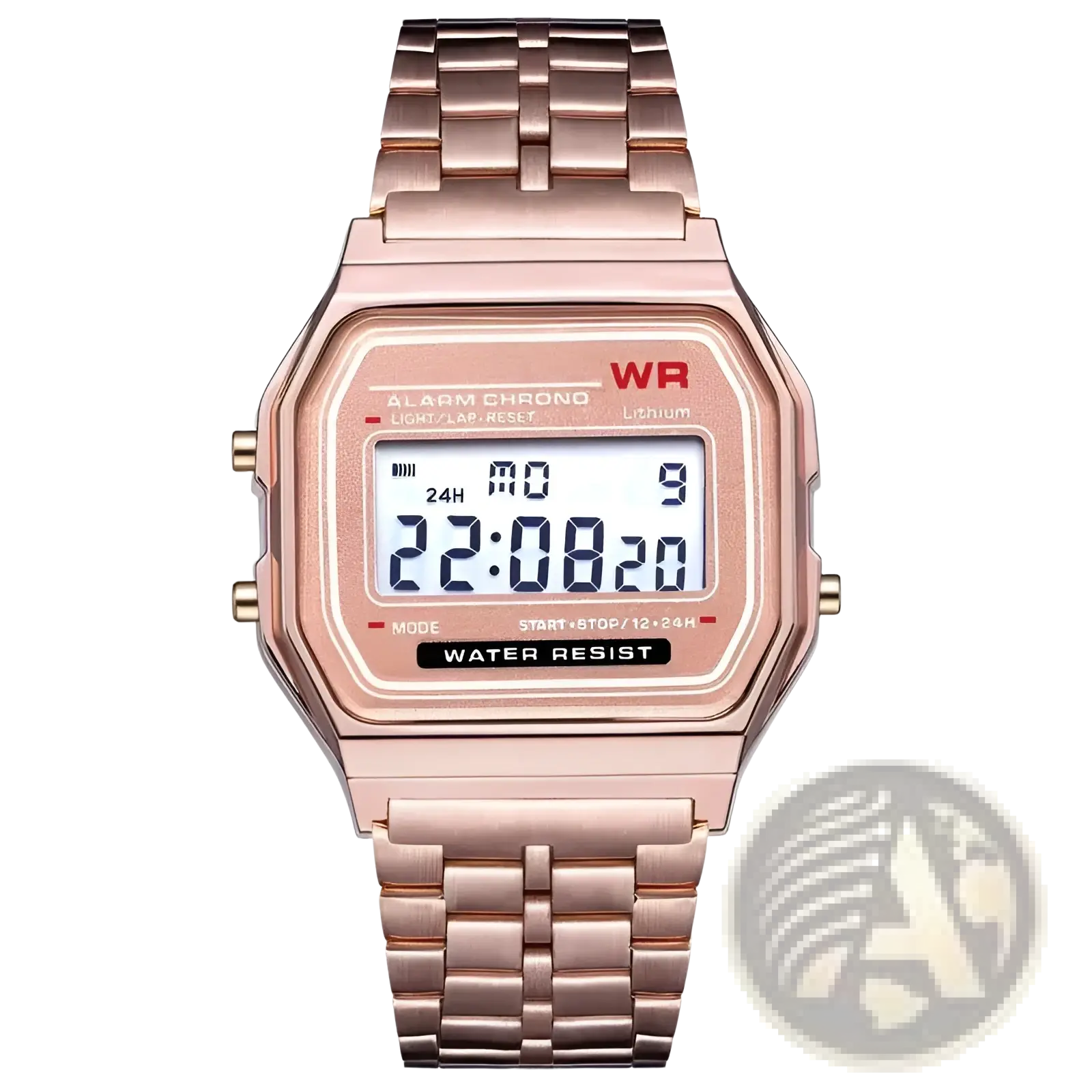 Vintage led digital unisex watch in rose gold with rectangular case metal link band and white 24 hour display screen
