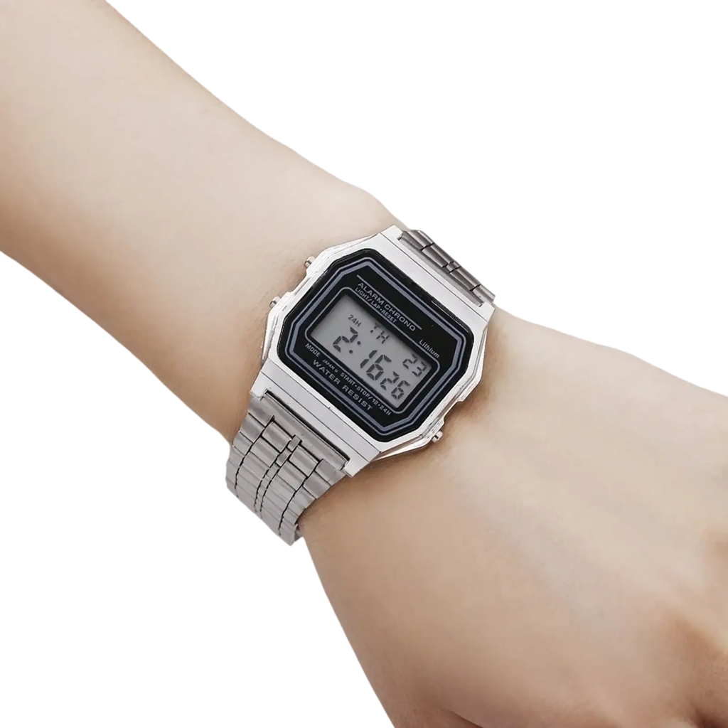 Silver vintage LED digital wristwatch with rectangular face and metal link band for unisex use