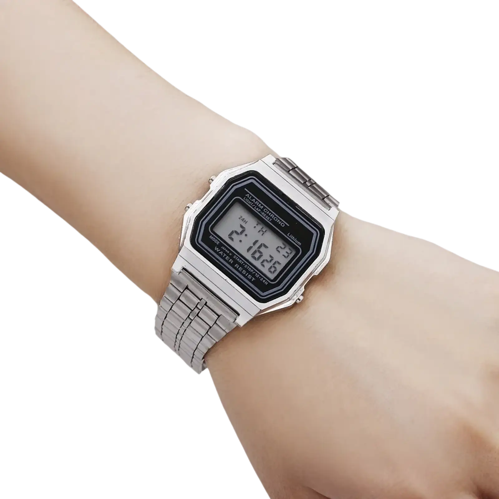 Silver vintage LED digital wristwatch with rectangular face and metal link band for unisex use