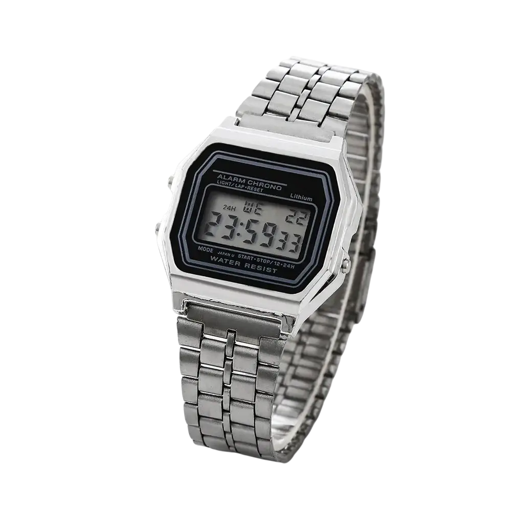 Silver vintage led digital unisex wristwatch with rectangular black display and metal link band bracelet