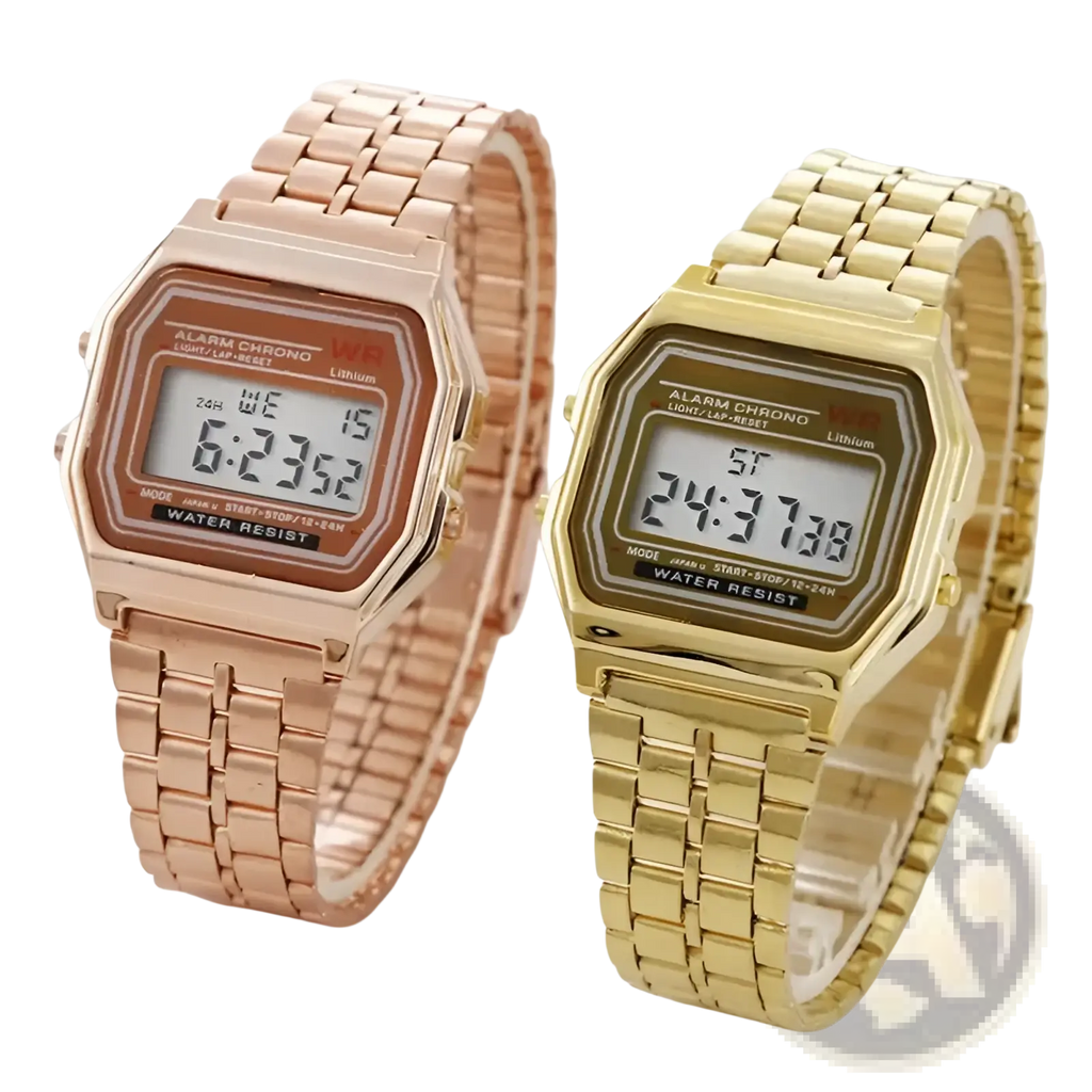 Two vintage led digital unisex watches with metal link bracelets in rose gold and yellow gold tones