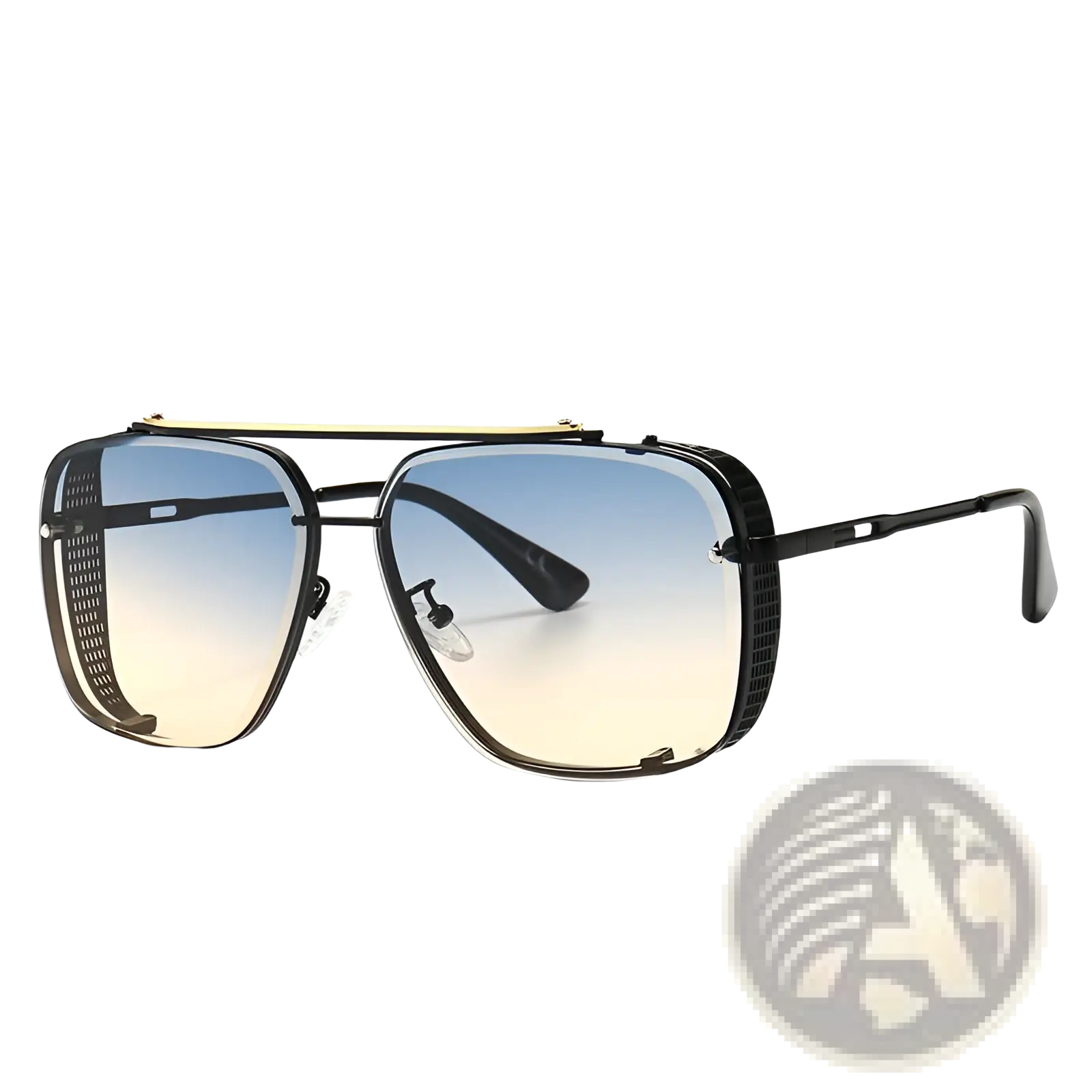 Black and gold vintage mesh aviator sunglasses with gradient uv400 blue to yellow lenses