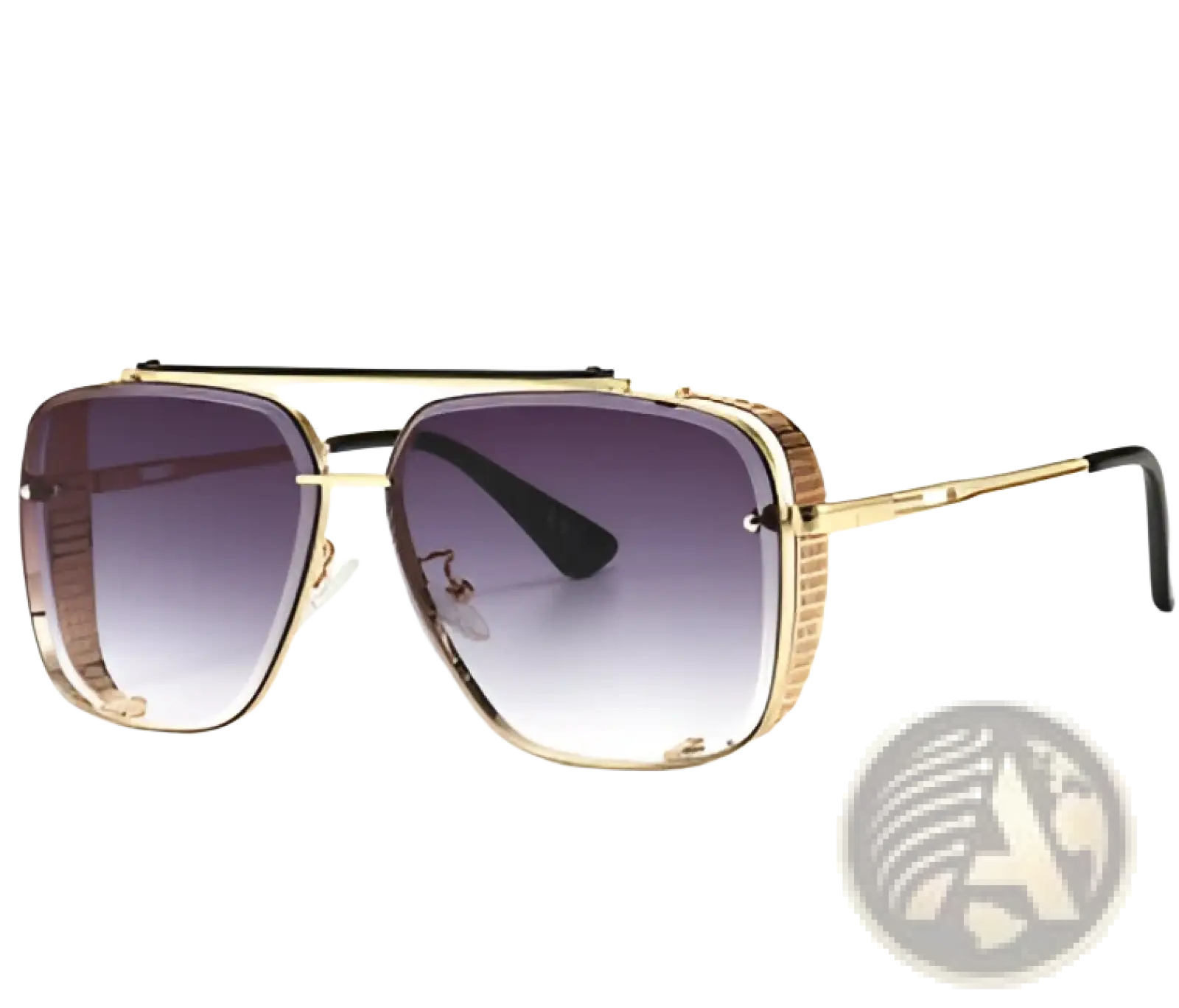 Gold-framed vintage mesh aviator sunglasses with gradient purple uv400 lenses and textured temple arms