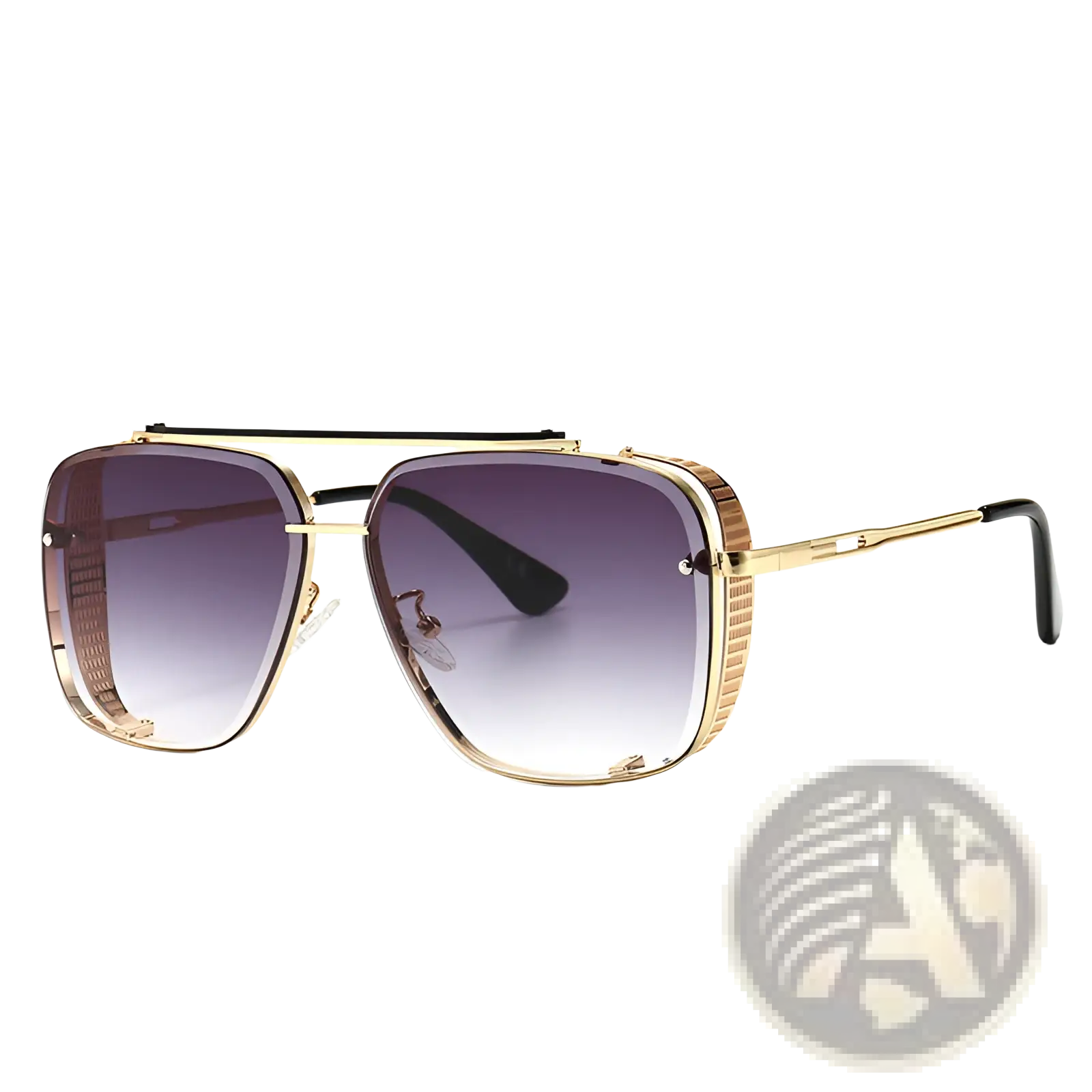 Gold-toned vintage mesh aviator sunglasses with gradient purple-to-clear uv400 lenses and textured ribbed frame details