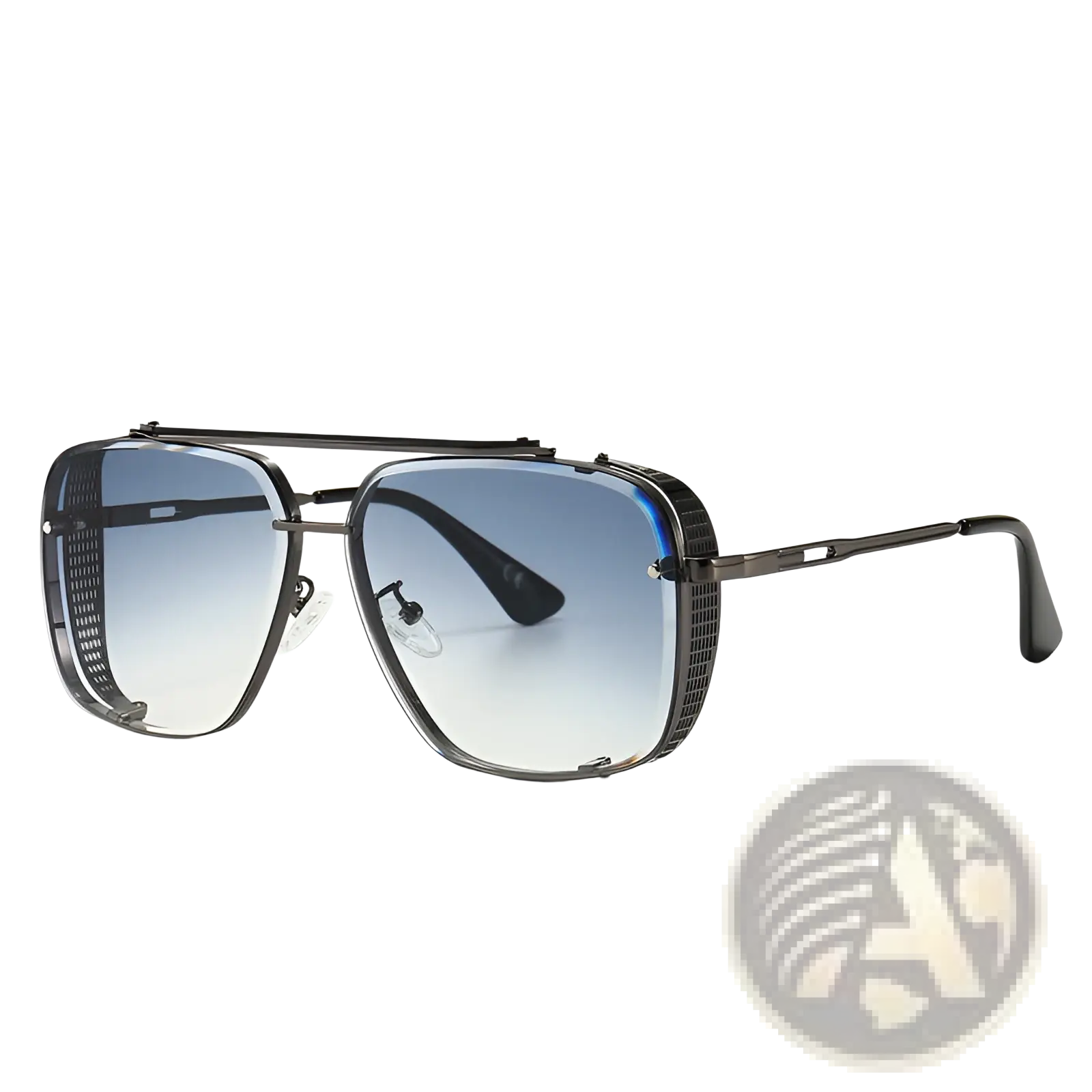 Black metal-framed vintage mesh aviator sunglasses with gradient blue-to-clear uv400 lenses and perforated side panels