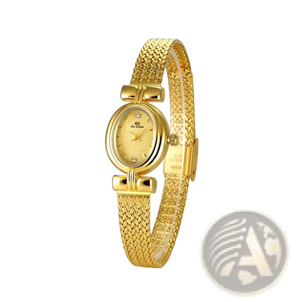 Vintage gold-colored mesh bracelet watch with diamond accents and bow-shaped clasp on the face