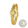Vintage gold-colored mesh bracelet watch with diamond accents and bow-shaped clasp on the face