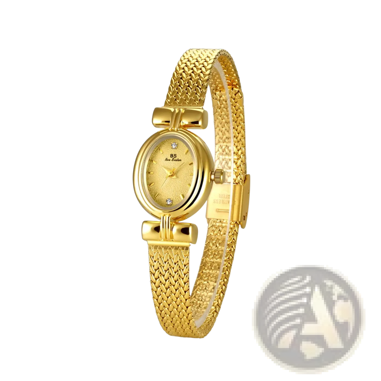 Vintage gold-colored mesh bracelet watch with diamond accents and bow-shaped clasp on the face
